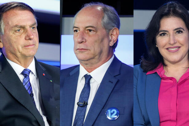 Jair Bolsonaro, Ciro Gomes e Simone Tebet em uma montagem