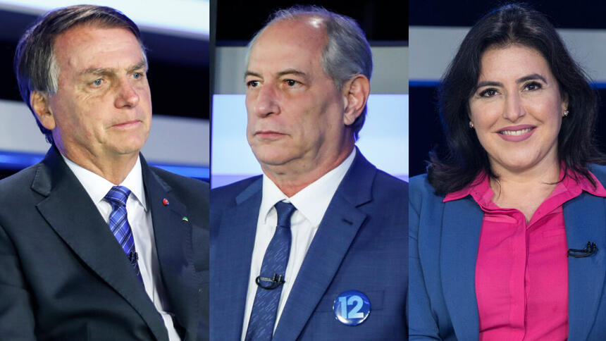 Jair Bolsonaro, Ciro Gomes e Simone Tebet em uma montagem