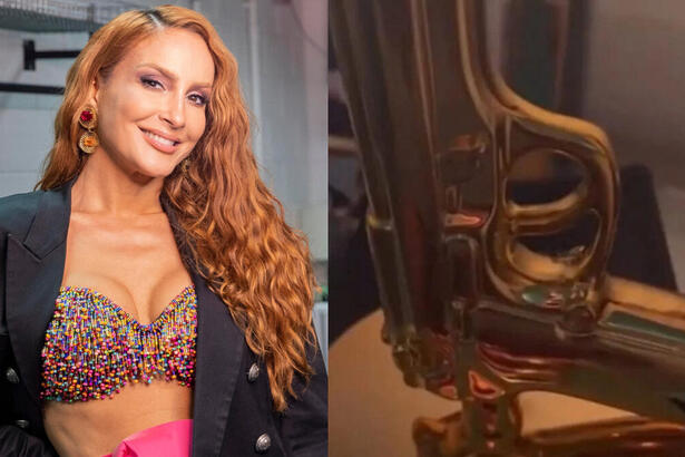 Claudia Leitte em montagem com um abjur em formato de arma