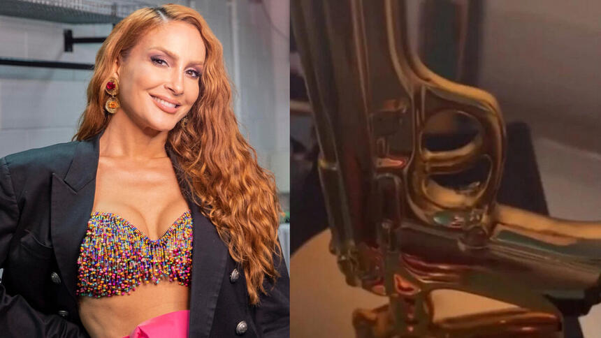 Claudia Leitte em montagem com um abjur em formato de arma