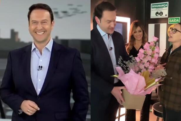 Eduardo Ribeiro em trecho da sua despedida do Domingo Espetacular, montagem com ele recebendo flores de Carolina Ferraz nos bastidores