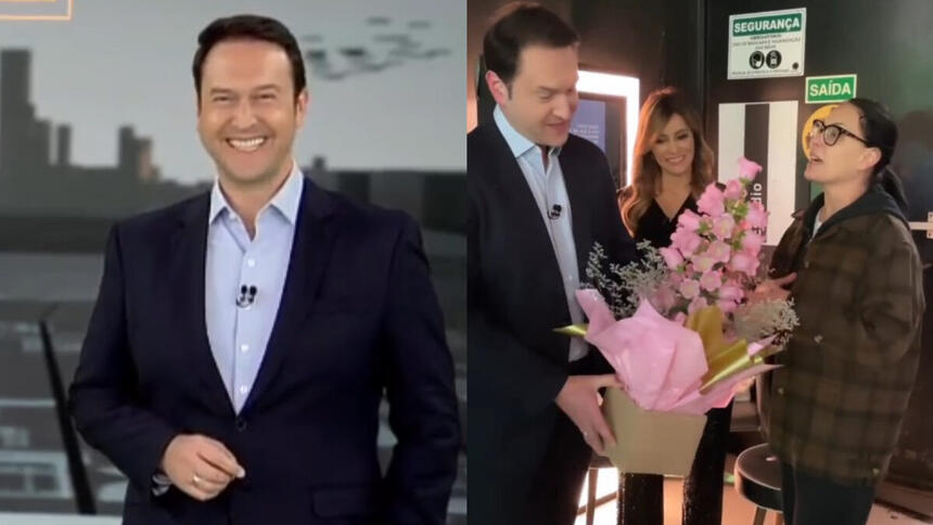 Eduardo Ribeiro em trecho da sua despedida do Domingo Espetacular, montagem com ele recebendo flores de Carolina Ferraz nos bastidores