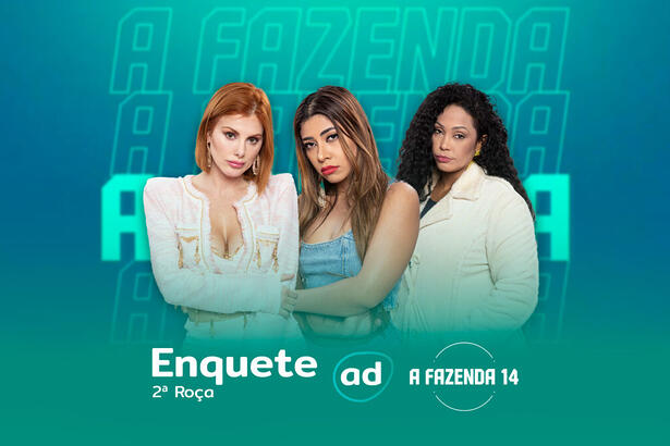 Arte de divulgação da enquete da 2ª Roça de A Fazenda 14 com Deborah, Ingrid e Rosiane