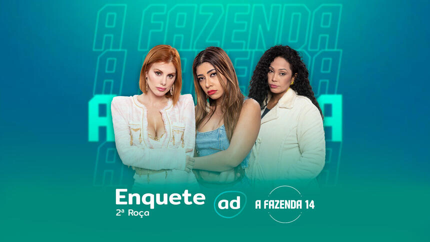 Arte de divulgação da enquete da 2ª Roça de A Fazenda 14 com Deborah, Ingrid e Rosiane