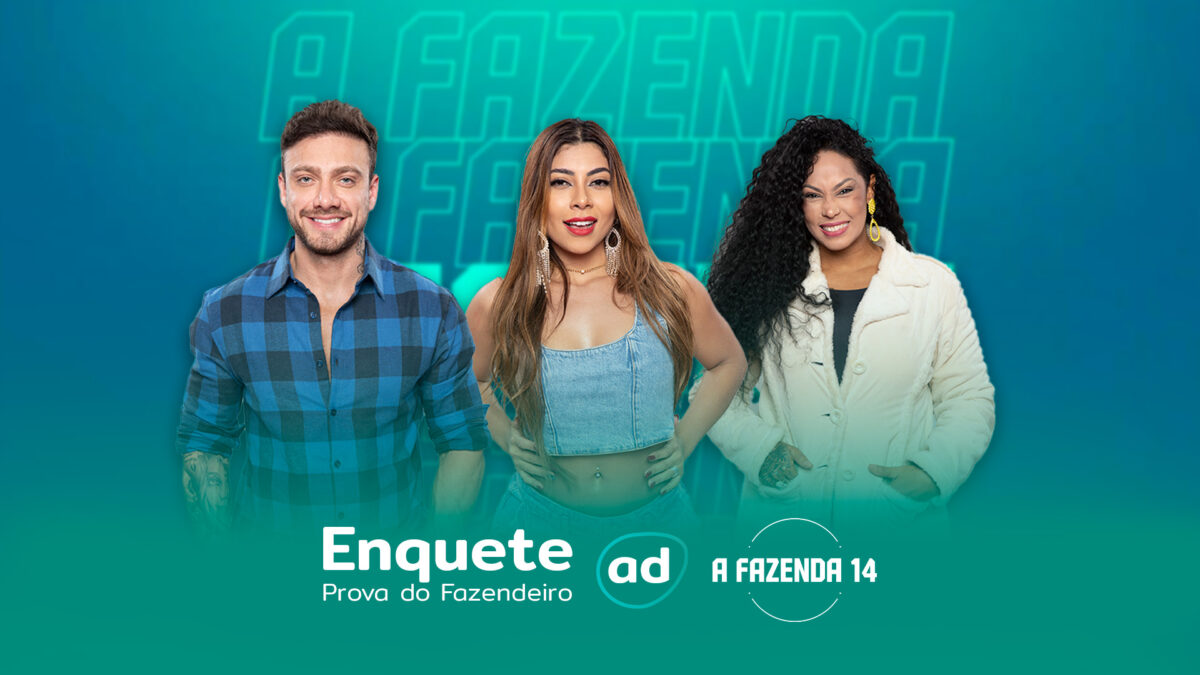 Vini Buttel, Ingrid e Rosian Pinheiro na arte de divulgação da Enquete de A Fazenda 14