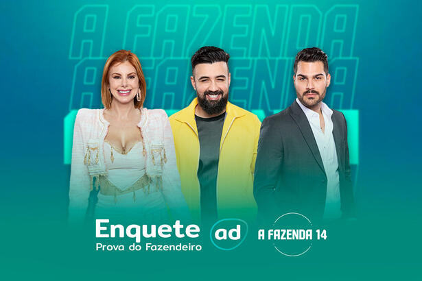 Montagem com Deborah, Bruno e Shayan na arte da enquete da 2ª Prova do Fazendeiro de A Fazenda 14