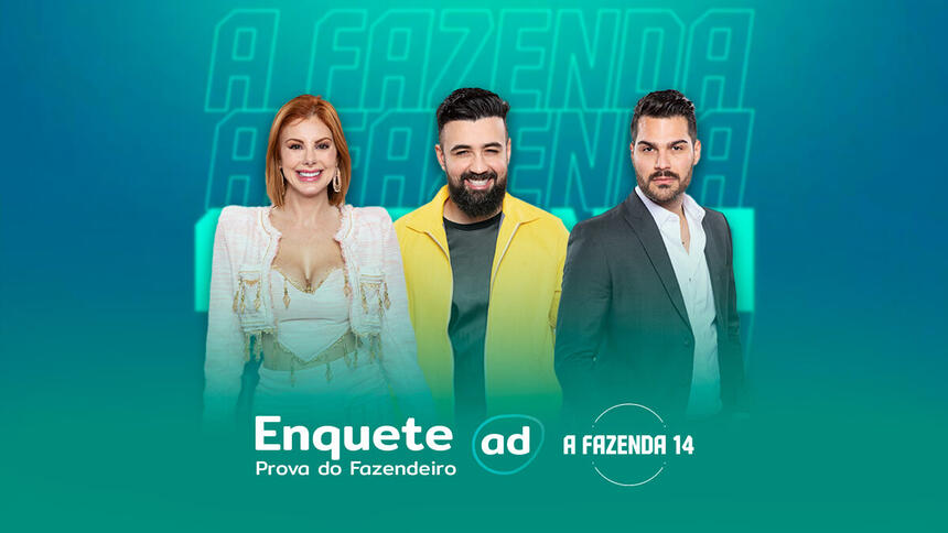 Montagem com Deborah, Bruno e Shayan na arte da enquete da 2ª Prova do Fazendeiro de A Fazenda 14