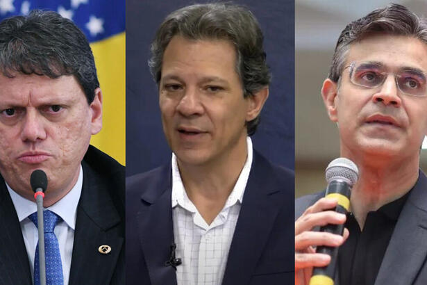 Fernando Haddad (PT), Rodrigo Garcia (PSDB) e Tarcísio de Freitas em uma montagem