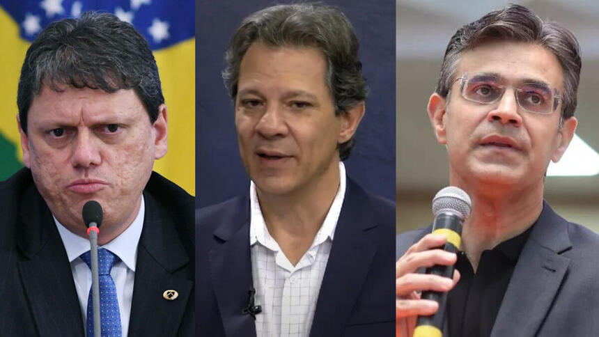 Fernando Haddad (PT), Rodrigo Garcia (PSDB) e Tarcísio de Freitas em uma montagem