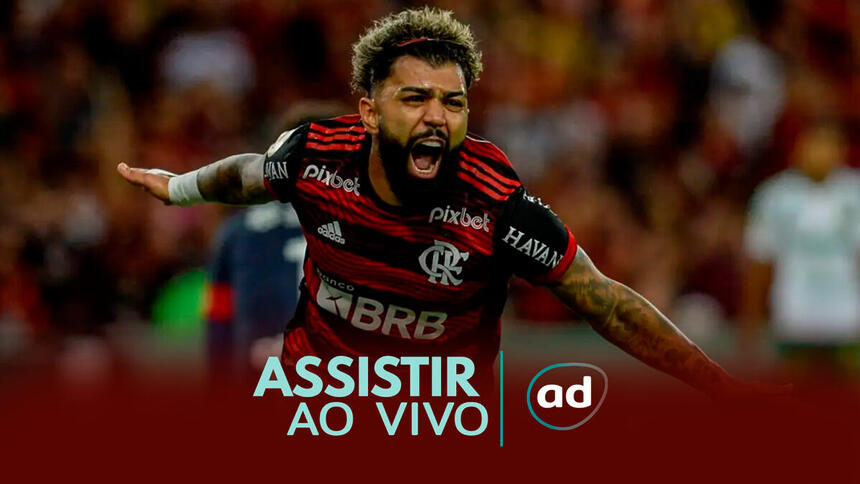 Gabigol com os braços abertos, em campo, com a camisa do Flamengo