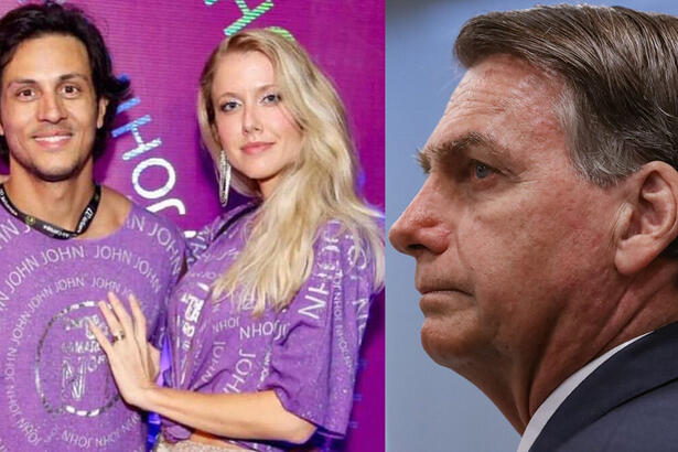 Gabriela Prioli e marido de camisa roxa durante passagem num camarote durante o carnaval; Bolsonaro de perfil