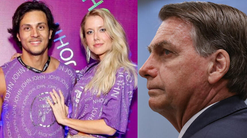 Gabriela Prioli e marido de camisa roxa durante passagem num camarote durante o carnaval; Bolsonaro de perfil