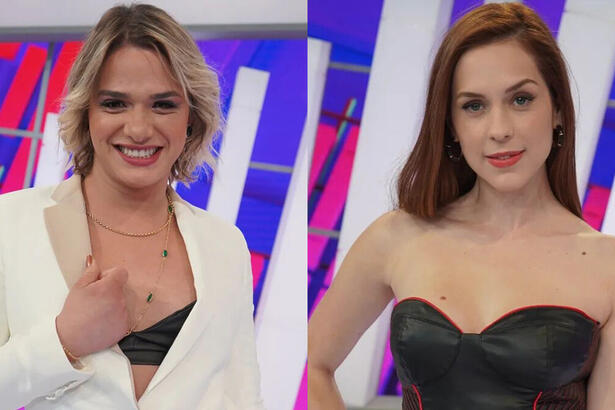 Montagem com fotos de Glamour Garcia sorrindo, de blazer branco, top preto; Sophia Abrahão sorrindo, de cropped preto, mão na cintura e cabelo solto durante gravação do Caldeirão, da TV Globo