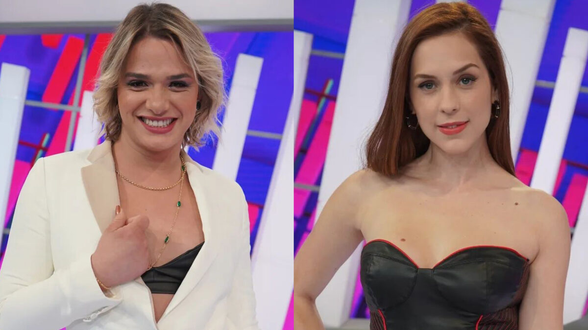 Montagem com fotos de Glamour Garcia sorrindo, de blazer branco, top preto; Sophia Abrahão sorrindo, de cropped preto, mão na cintura e cabelo solto durante gravação do Caldeirão, da TV Globo