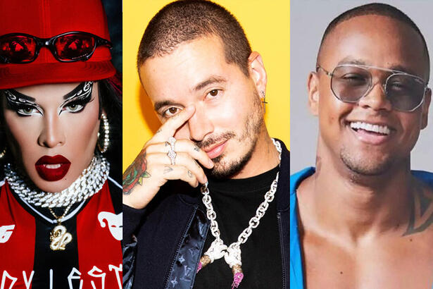 Gloria Groove de vermelho; J Balvin de preto; Leo Santana de azul