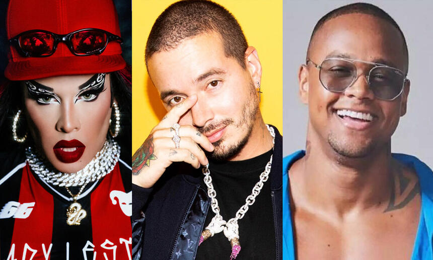 Gloria Groove de vermelho; J Balvin de preto; Leo Santana de azul