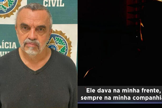 José Dumont na delegacia, em montagem com a mãe da vítima dando entrevista sem mostrar o rosto e com legenda