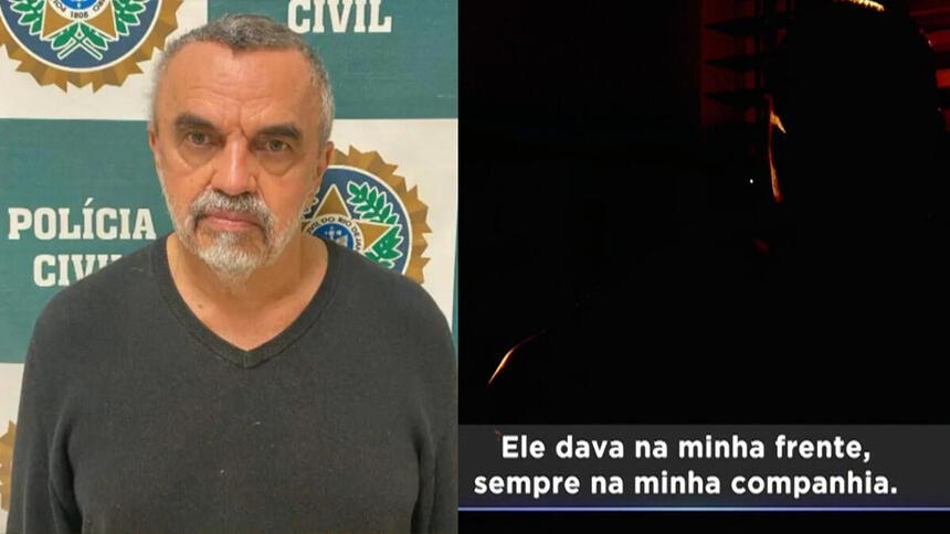 José Dumont na delegacia, em montagem com a mãe da vítima dando entrevista sem mostrar o rosto e com legenda