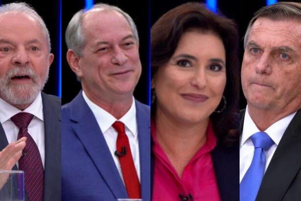 Lula de palitó preto, gravata na cor vinho, gesticulando com a mão direita; Ciro Gomes de blazer azul e gravata vermelha, com semblante bem-humorado; Simone Tebet de camisa rosa e cabelo solto; Jair Bolsonaro de palitó preto, gravata azul, com semblante sério; ambos registros durante gravação de sabatinas do Jornal Nacional, da TV Globo