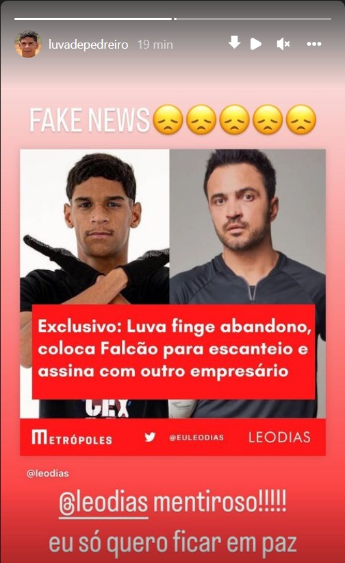 Print dos stories de Luva de Pedreiro nas redes sociais, rebatendo Leo Dias
