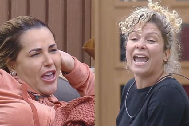 Montagem com Deolane Bezerra abrindo a boca na sala de A Fazenda 14 enquanto briga com Bárbara Borges que também está com a boca aberta