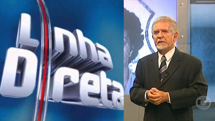 Montagem com logo do Linha Direta e Domingos Meirelles no estúdio do programa na TV Globo