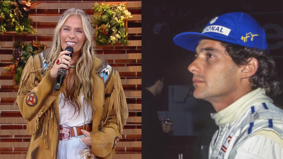 Montagem com Adriane Galisteu apresentando A Fazenda 14 e Ayrton Senna de chapéu azul ao lado da apresentadora