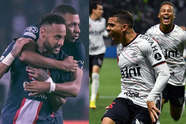 Neymar comemroando gol pelo SBT na Liga dos Campeões, em montagem com jogadores do Athletico comemorando gol pela Libertadores