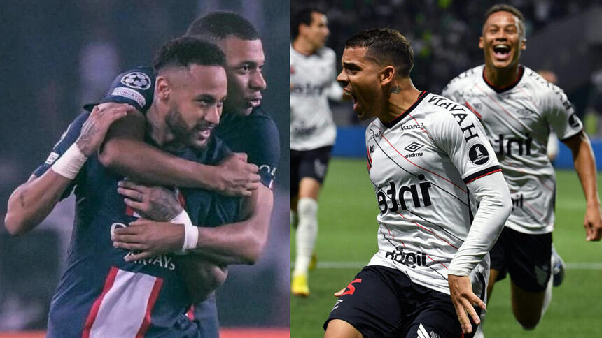 Neymar comemroando gol pelo SBT na Liga dos Campeões, em montagem com jogadores do Athletico comemorando gol pela Libertadores