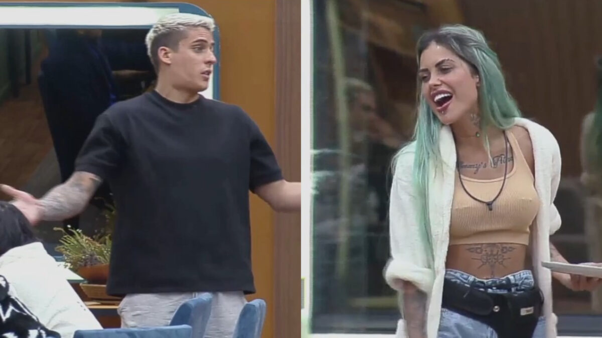 Tiago e Tati Zaqui discutindo na cozinha de A Fazenda 14
