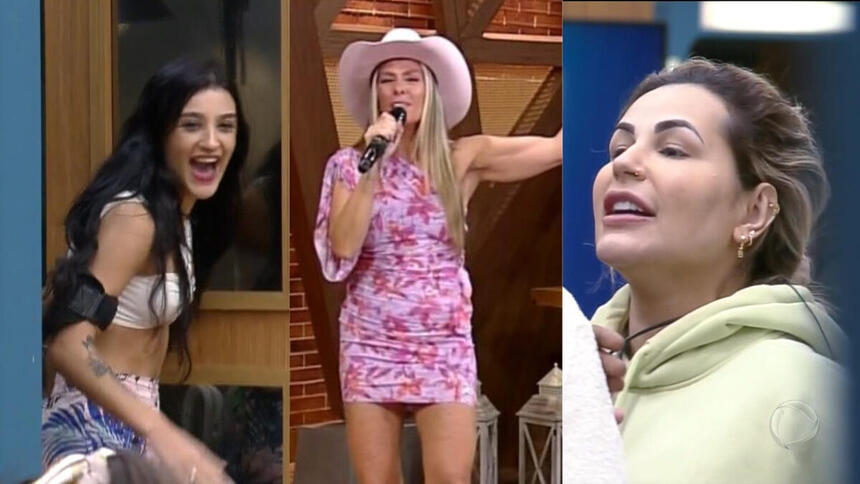 Montagem com Bia Miranda chegando em A Fazenda 14, Adriane Galisteu apresentando o programa e Deolane brigando com Deborah