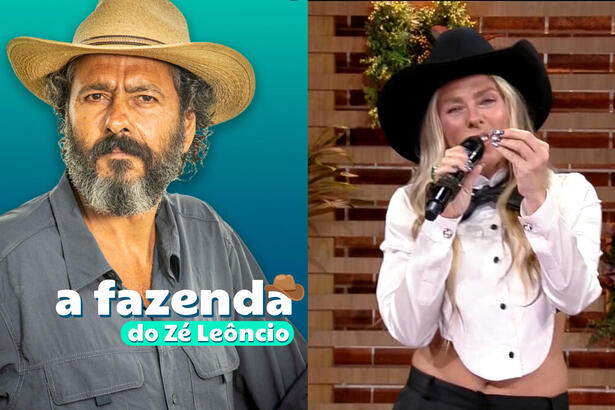 Montagem com Zé Leôncio, de Pantanal, e Adriane Galisteu no estúdio de A Fazenda 14