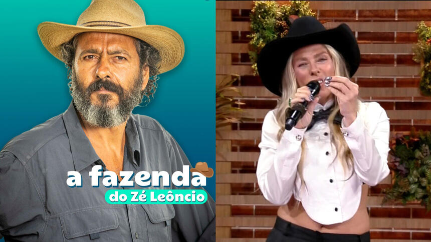 Montagem com Zé Leôncio, de Pantanal, e Adriane Galisteu no estúdio de A Fazenda 14