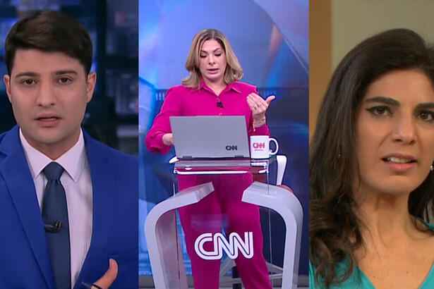 Montagem com Rafael Algarte na Record News, Daniela Lima na CNN Brasil e Andréia Sadi na Globo News na cobertura da morte da rainha Elizabeth