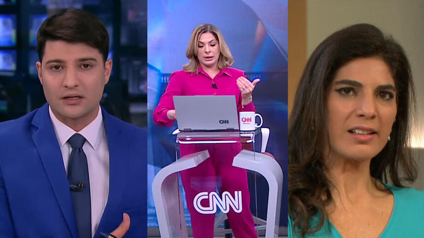 Montagem com Rafael Algarte na Record News, Daniela Lima na CNN Brasil e Andréia Sadi na Globo News na cobertura da morte da rainha Elizabeth