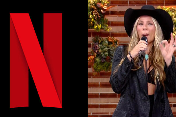 Montagem com logo da Netflix e Adriane Galisteu em A Fazenda 14