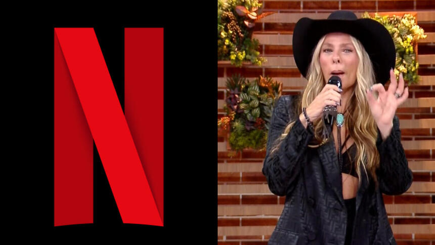 Montagem com logo da Netflix e Adriane Galisteu em A Fazenda 14