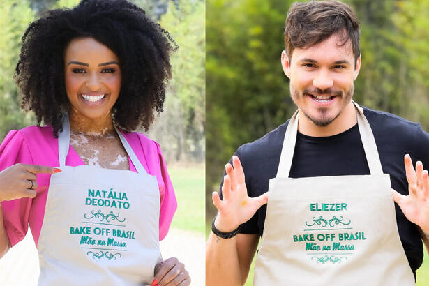 Natália Deotado e Eliezer em uma montagem, utilizando so aventais do Bake Off Celebridades