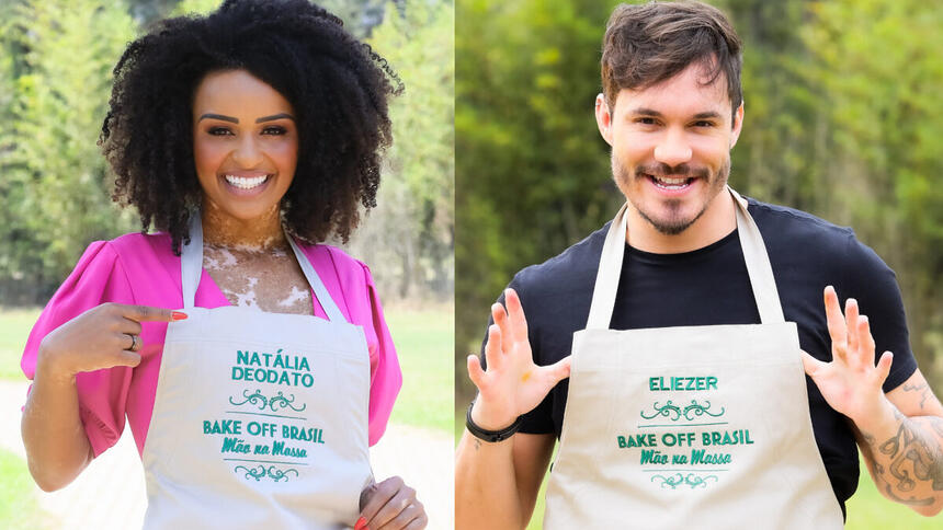 Natália Deotado e Eliezer em uma montagem, utilizando so aventais do Bake Off Celebridades