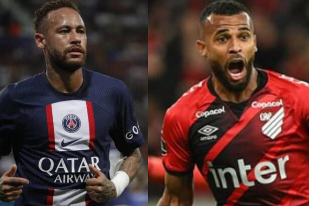 Neymar com a camisa do PSG em montagem com Alex Santana com a camisa do Athletico/PR