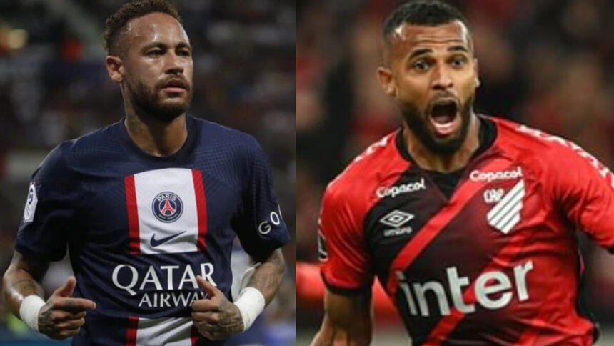 Neymar com a camisa do PSG em montagem com Alex Santana com a camisa do Athletico/PR