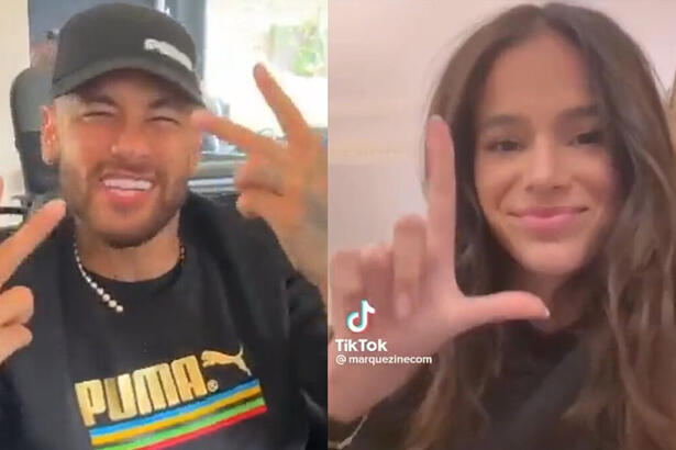 Montagem com prints de vídeos de Bruna Marquezine e Neymar