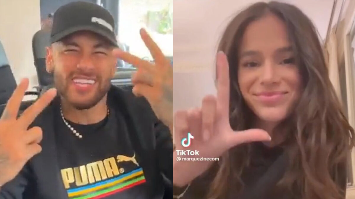 Montagem com prints de vídeos de Bruna Marquezine e Neymar
