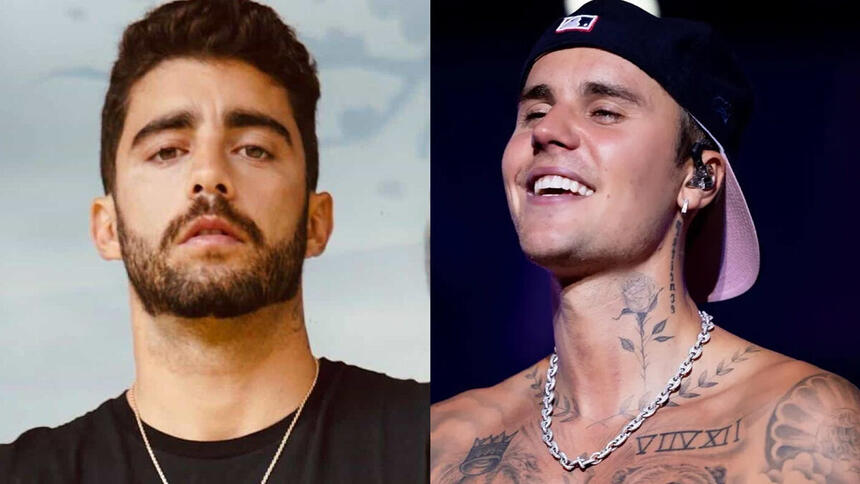 Montagem de Pedro Scooby usando camisa preta, colar de prata, de barba durante ensaio fotográfico; e Justin Bieber sem camisa, colar de prata, sorrindo, de chapéu preto durante show no Rock in Rio