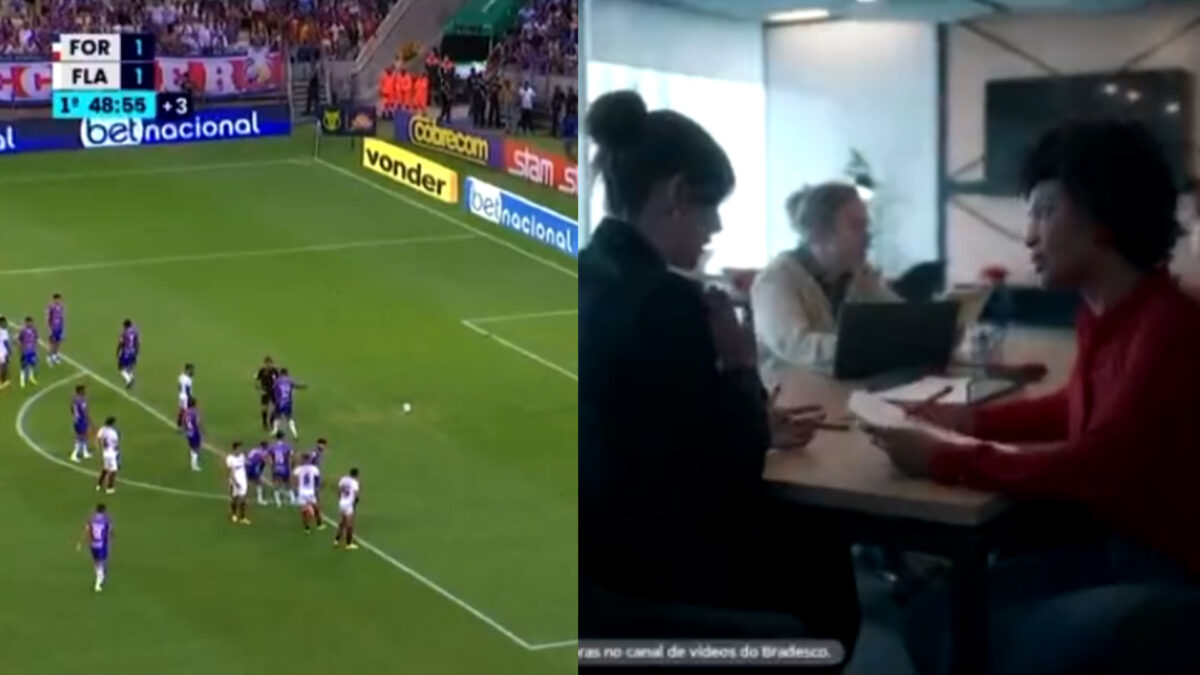 Trecho do jogo do Flamengo no Premiere em montagem com trecho do intervalo comercial que entrou no sinal