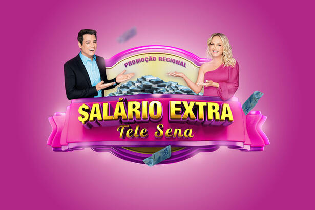 Arte de divulgação da promoção Salário Extra da Tele Sena de Primavera com Celso Portiolli e Eliana