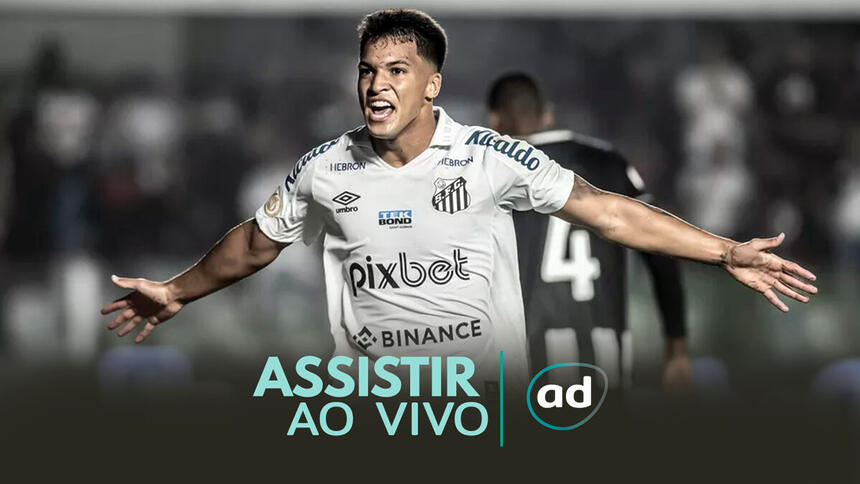 Marcos Leonardo com os braços abertos comemroando gol com a camisa do santos - arte do onde assistir