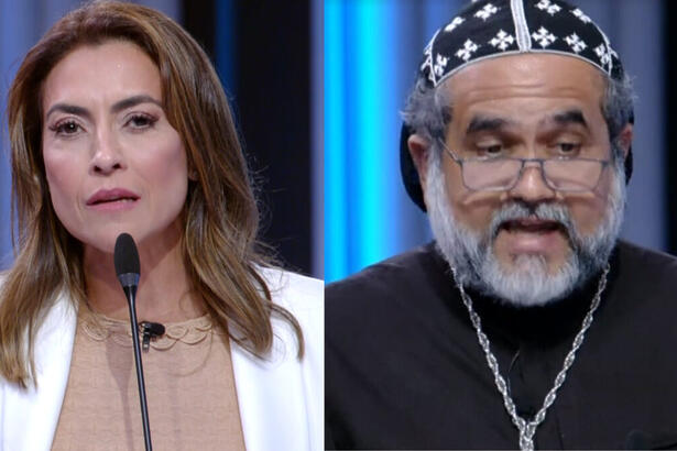 Soraya Thronicke e Padre Kelmon em uma montagem, com trechos do debate