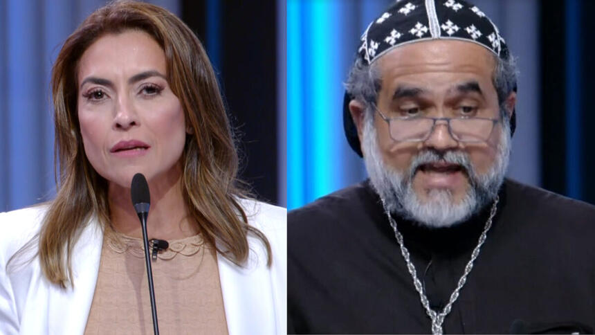 Soraya Thronicke e Padre Kelmon em uma montagem, com trechos do debate