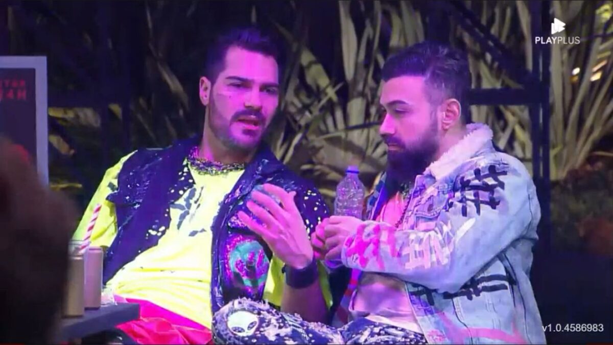Shaan e Bruno conversando durante festa de A Fazenda 14